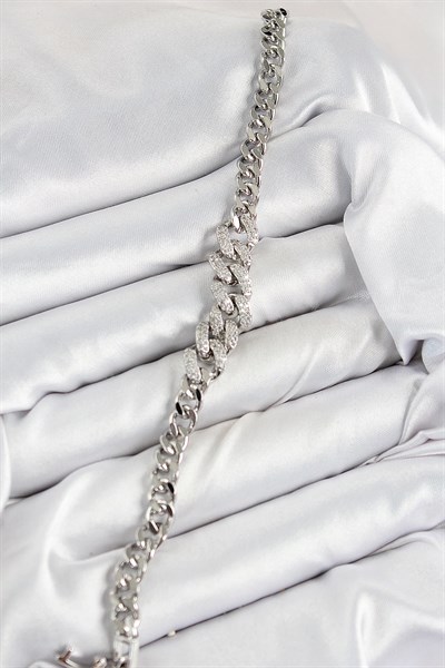 Pirinç Zirkon Taşlı Küba Zincir Model Gümüş Renk Kadın Bileklik