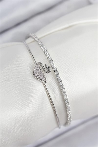 Pirinç Zirkon Taşlı Kuğu Model Gümüş Renk Kadın Bileklik