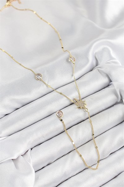Pirinç Zirkon Taşlı Kutup Yıldızı Model Gold Renk Y Kolye