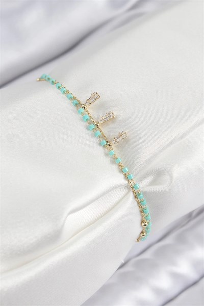 Pirinç Zirkon Taşlı Mavi Boncuklu Model Gold Renk Kadın Bileklik
