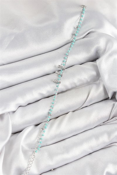 Pirinç Zirkon Taşlı Mavi Boncuklu Model Gümüş Renk Kadın Bileklik