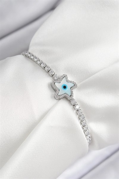 Pirinç Zirkon Taşlı Nazar Yıldız Model Gümüş Renk Asansörlü Kadın Bileklik