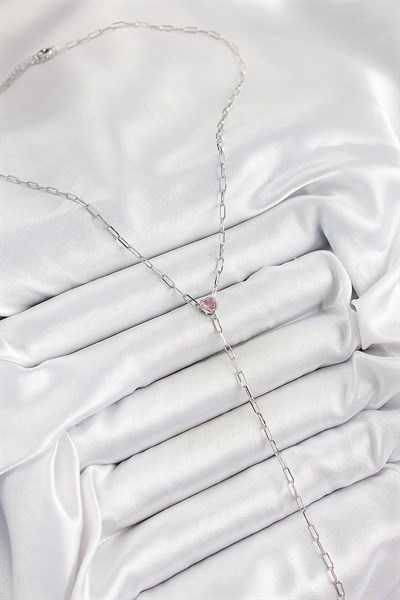 Pirinç Zirkon Taşlı Pembe Kalp Figürlü Y Model Gümüş Renk Kadın Kolye