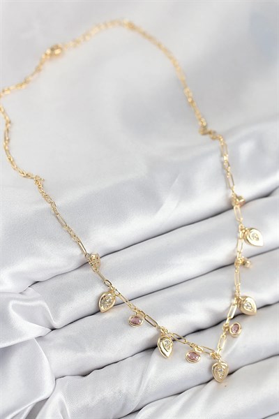 Pirinç Zirkon Taşlı Sallantılı Damla Model Gold Renk Kadın Kolye