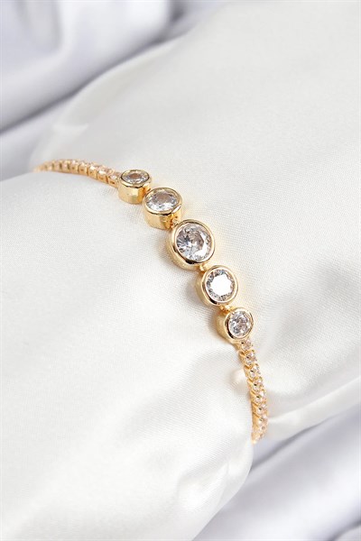 Pirinç Zirkon Taşlı Sıralı Daire Model Gold Renk Asansörlü Kadın Bileklik