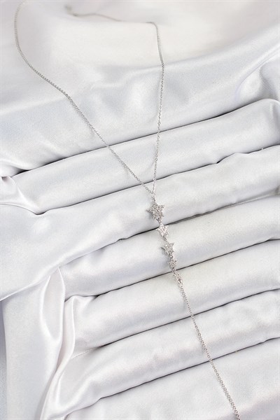 Pirinç Zirkon Taşlı Sıralı Yıldız Figürlü Y Model Gümüş Renk Kadın Kolye