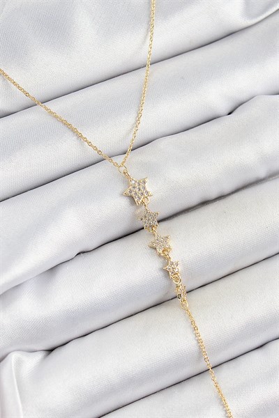 Pirinç Zirkon Taşlı Sıralı Yıldız Figürlü Y Model Gold Renk Kadın Kolye