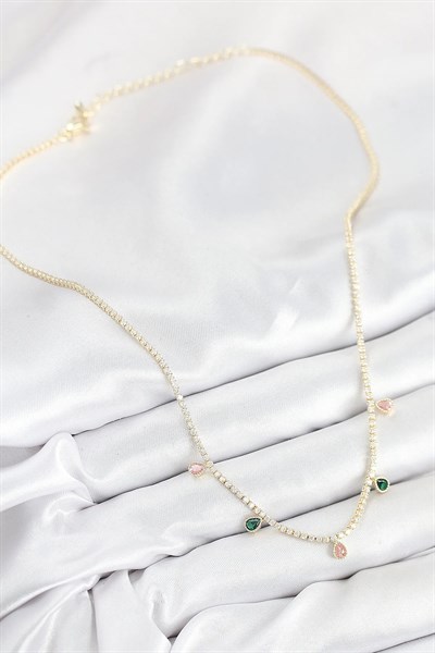 Pirinç Zirkon Taşlı Su Yolu Damla Model Gold Renk Kadın Kolye