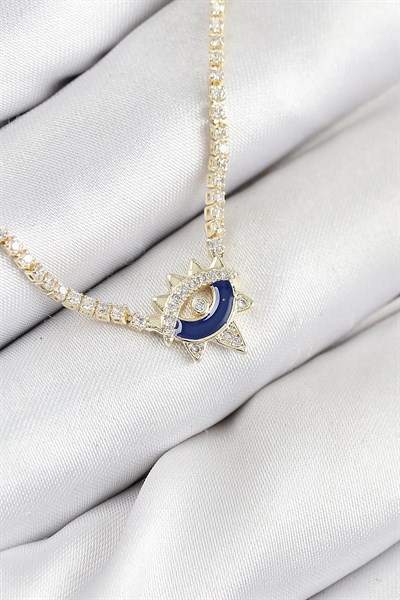 Pirinç Zirkon Taşlı Su Yolu Göz Model Gold Renk Kadın Kolye