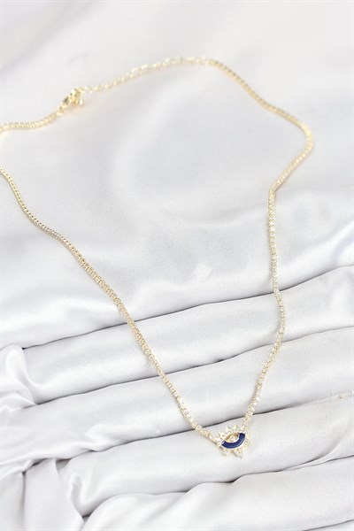 Pirinç Zirkon Taşlı Su Yolu Göz Model Gold Renk Kadın Kolye