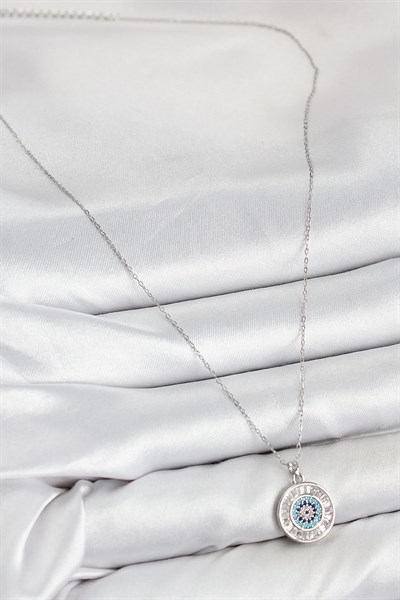 Pirinç Zirkon Taşlı Su Yolu Nazar Model Gümüş Renk Kadın Kolye