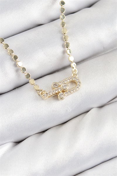 Pirinç Zirkon Taşlı Tifany Model Ezme Zincir Gold Renk Kadın Kolye