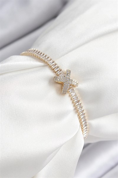 Pirinç Zirkon Taşlı X Detaylı Su Yolu Model Gold Renk Asansörlü Kadın Bileklik