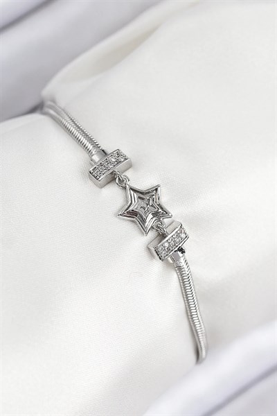 Pirinç Zirkon Taşlı Yıldız Model Gümüş Renk Kadın Bileklik