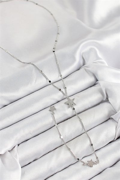 Pirinç Zirkon Taşlı Yıldız Model Gümüş Renk Y Kolye