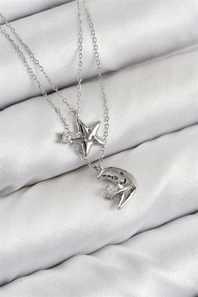 Pirinç Zirkon Taşlı Yıldız Ve Ay Model Gümüş Renk Kadın Kolye