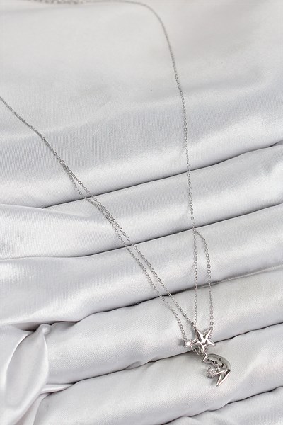 Pirinç Zirkon Taşlı Yıldız Ve Ay Model Gümüş Renk Kadın Kolye