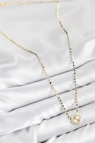 Pirinç Zirkon Taşlı Yonca Model Ezme Zincir Gold Renk Kadın Kolye