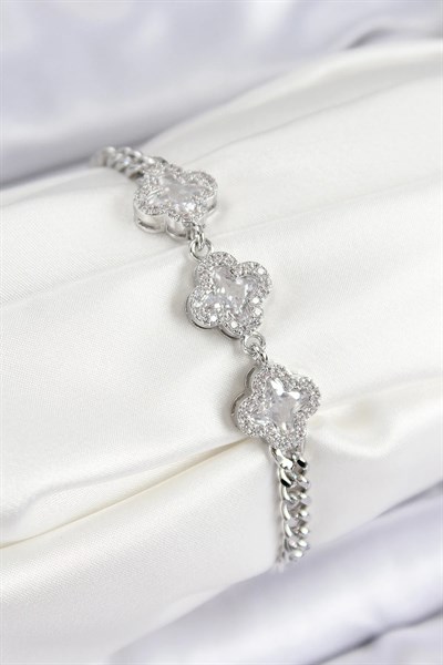 Pirinç Zirkon Taşlı Yonca Model Gümüş Renk Kadın Bileklik