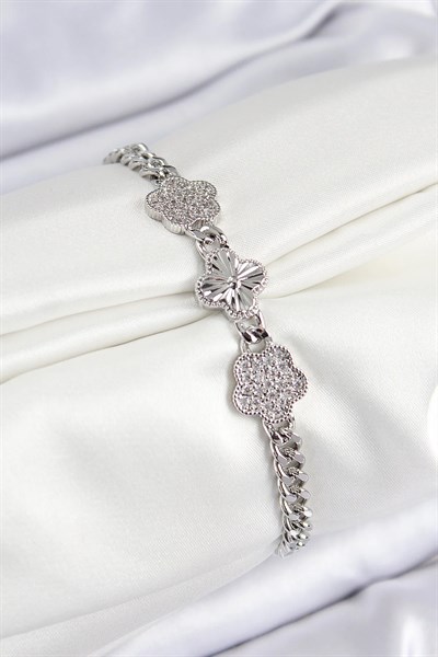 Pirinç Zirkon Taşlı Yonca Model Gümüş Renk Kadın Bileklik