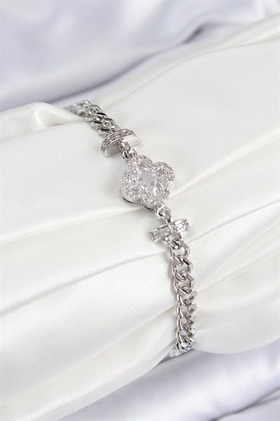 Pirinç Zirkon Taşlı Yonca Model Gümüş Renk Kadın Bileklik