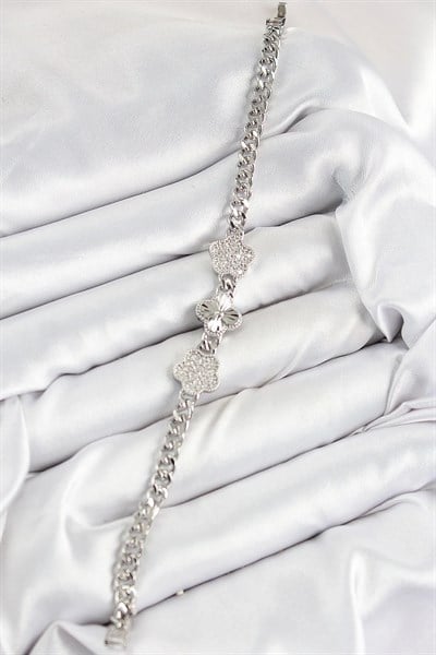 Pirinç Zirkon Taşlı Yonca Model Gümüş Renk Kadın Bileklik