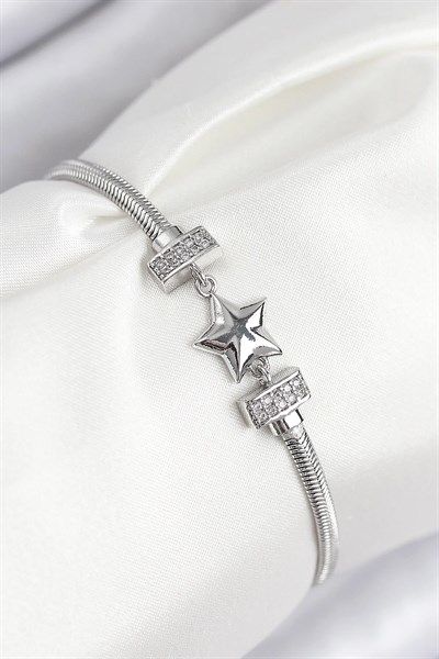 Pirinç Zirkon Taşlı Yonca Model Gümüş Renk Kadın Bileklik