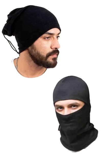 Polar Termal Kar Maskesi ve İpli Boyunluk Bere Siyah Set - mudanis