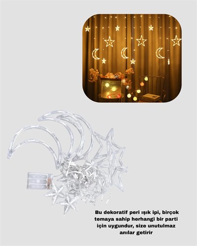 Prizli Yıldız Ay Perde LED Işık Ev ve Organizasyon Dekoru