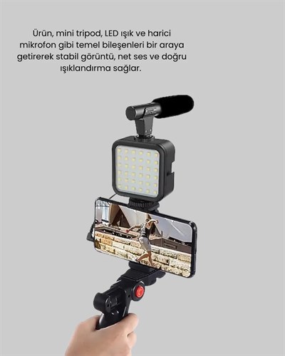Profesyonel Vlog Çekim Kiti LED Işıklı Tripod Mikrofonlu Telefon Seti