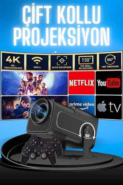Projektör Siyah Android Taşınabilir Sinema Projeksiyon Wifi Destekli En Güncel Sürüm Akıllı