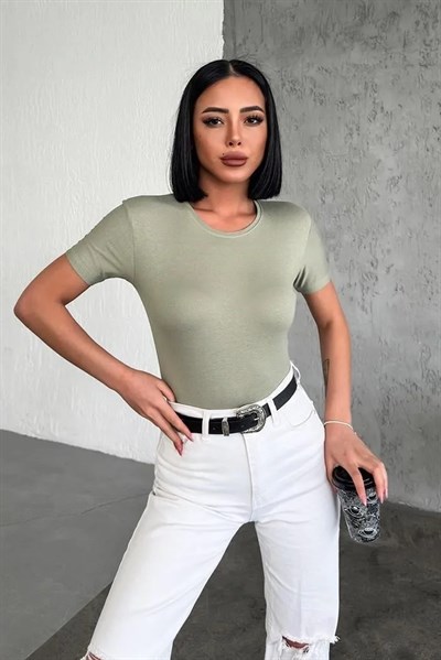 Rahat Ve Şık Kısa Kollu Bisiklet Yaka Likralı Viskon Penye Body Haki