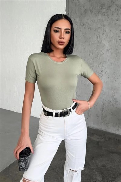 Rahat Ve Şık Kısa Kollu Bisiklet Yaka Likralı Viskon Penye Body Haki