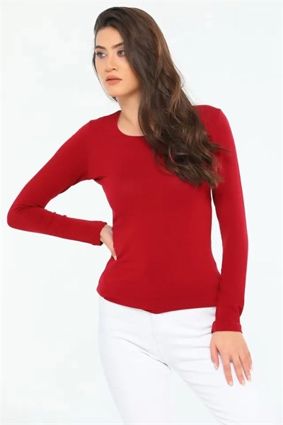 Rahat Ve Şık Uzun Kollu Bisiklet Yaka Likralı Viskon Penye Body Bordo