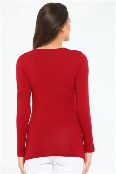 Rahat Ve Şık Uzun Kollu Bisiklet Yaka Likralı Viskon Penye Body Bordo