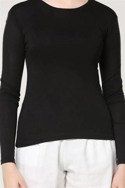 Rahat Ve Şık Uzun Kollu Bisiklet Yaka Likralı Viskon Penye Body Siyah