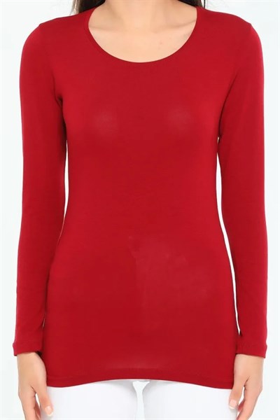 Rahat Ve Şık Uzun Kollu Bisiklet Yaka Likralı Viskon Penye Body Bordo