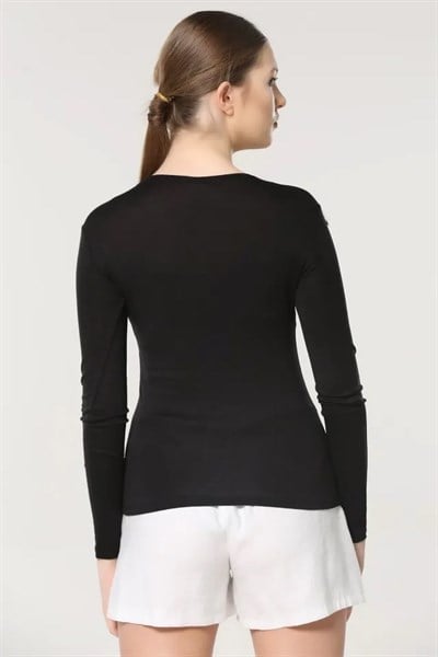 Rahat Ve Şık Uzun Kollu Bisiklet Yaka Likralı Viskon Penye Body Siyah