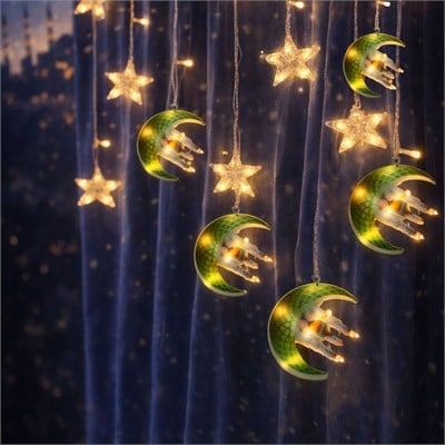 Ramazan LED Perde Lamba 3m (Fişli, Eklemeli) Yeşil Hilal Cami Yıldız