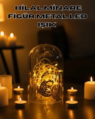 Ramazan Minare Detaylı Hilal LED Işık Günışığı Sarı Metal Süs