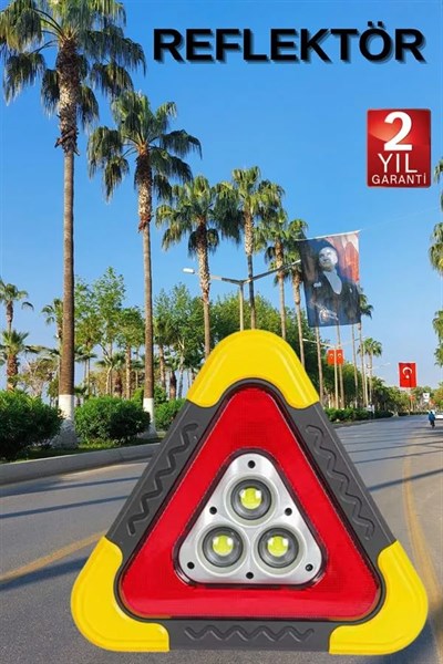 Reflektör Güneş Panelli Solarlı Şarjlı Üçgen Işıklı Trafik Reflektör Fener