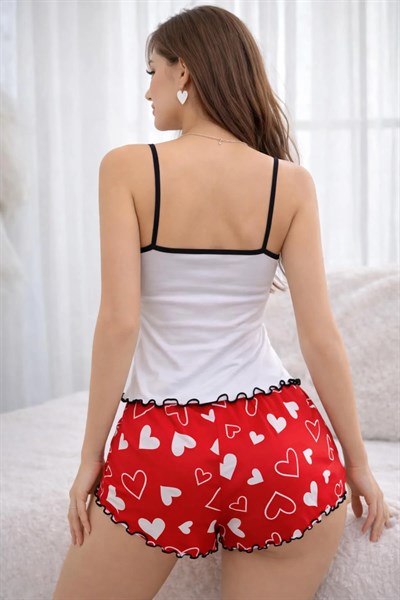 Renkli Kalp Desenli Askılı Şortlu Kadın Pijama Takımı