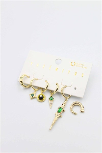 Renkli Taşlı Set Küpe - Altın