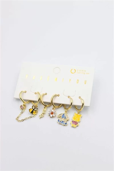 Renkli Taşlı Set Küpe - Altın