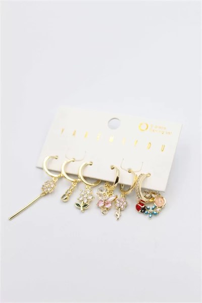 Renkli Taşlı Set Küpe - Altın