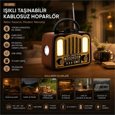 Şarjlı Bluetooth FM Radyo Hoparlör (USB/TF MP3, Nostaljik İbreli)