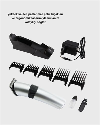 Şarjlı Saç ve Sakal Kesme Makinesi – Paslanmaz Çelik Bıçak, Ayarlanabilir Başlık