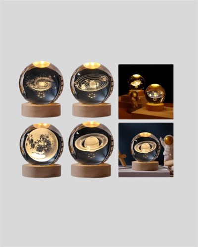 Satürn Desenli Kristal Küre LED Gece Lambası Ahşap Standlı