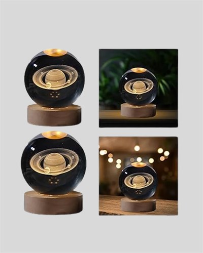 Satürn Desenli Kristal Küre LED Gece Lambası Ahşap Standlı
