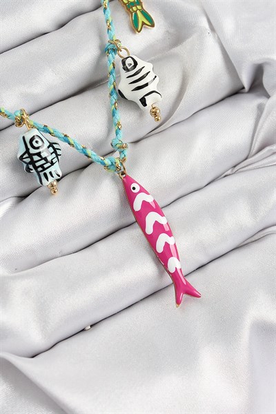 Seramik Motifli Pembe Balık Figürlü Model Mavi İp Kadın Kolye
